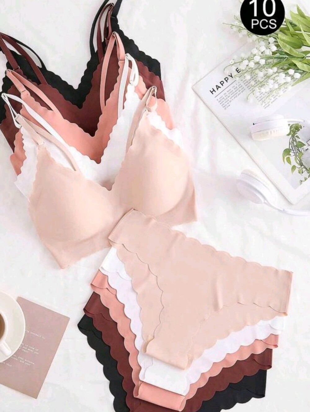 Seamless Scallop-Edge Bikini Panty - 5-Pack (Blush, White, Brown, Black)